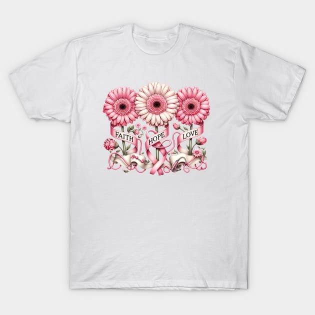 Faith Hope Love Breast Cancer Awareness T-Shirt by TooplesArt